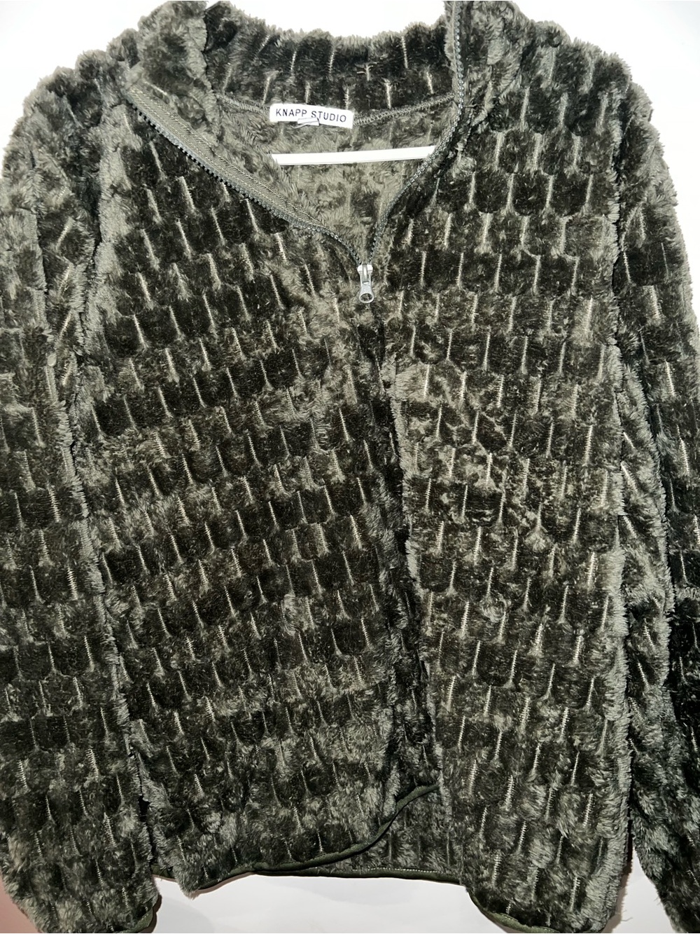 Olive Green Plush Zip-Up Sweater large